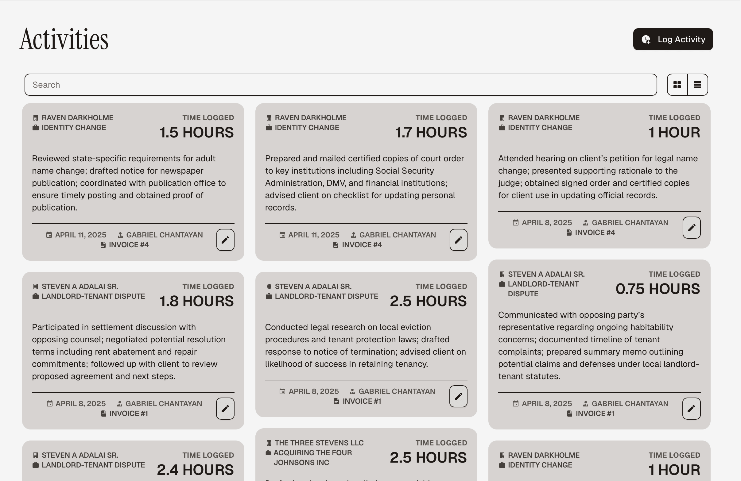 A screenshot of LawThere's time tracking tool, displaying a series of time entries.