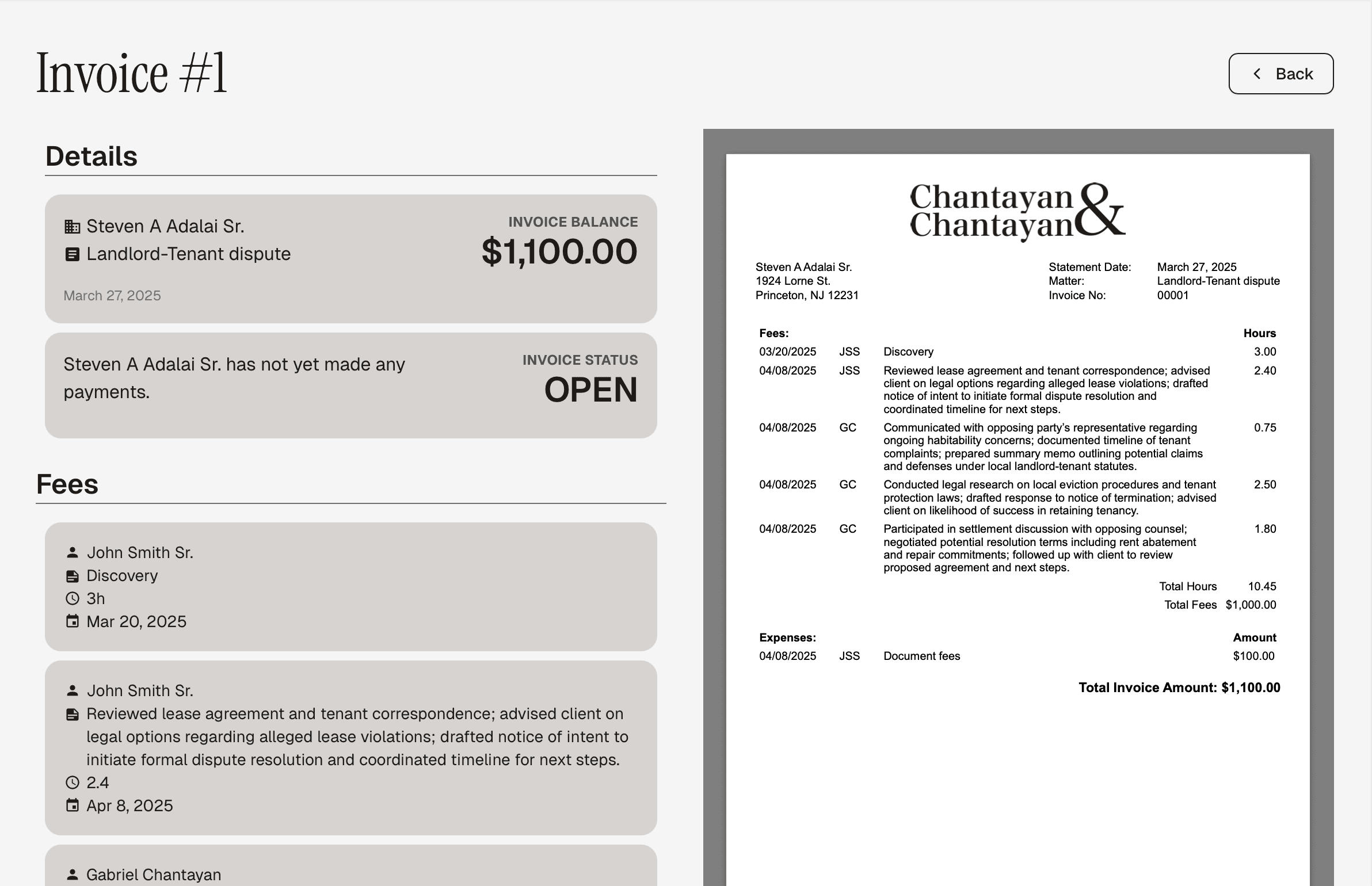 A screenshot of LawThere's invoicing system, displaying an invoice and a list the invoice's of fees.