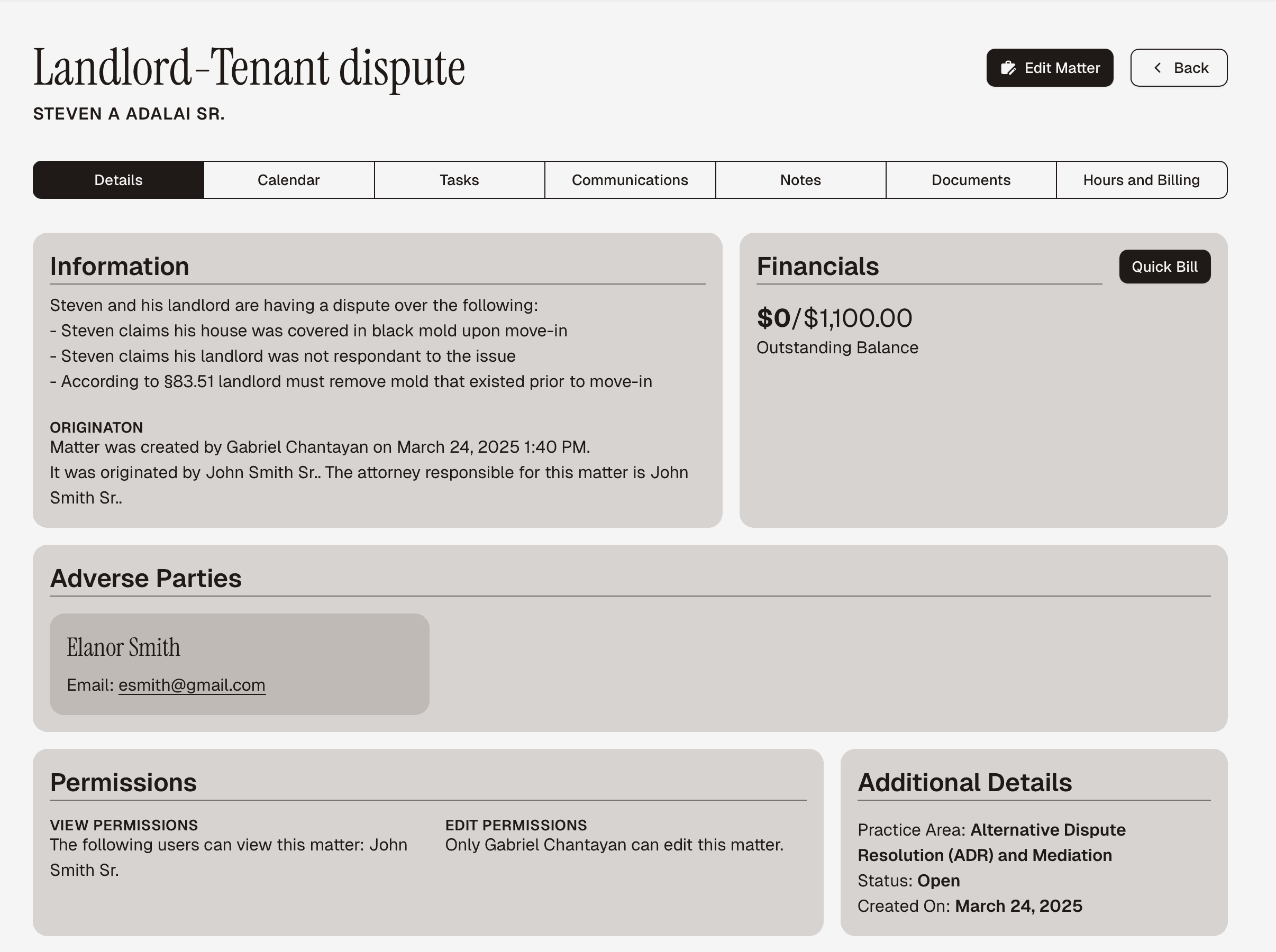 A screenshot of the matter management dashboard