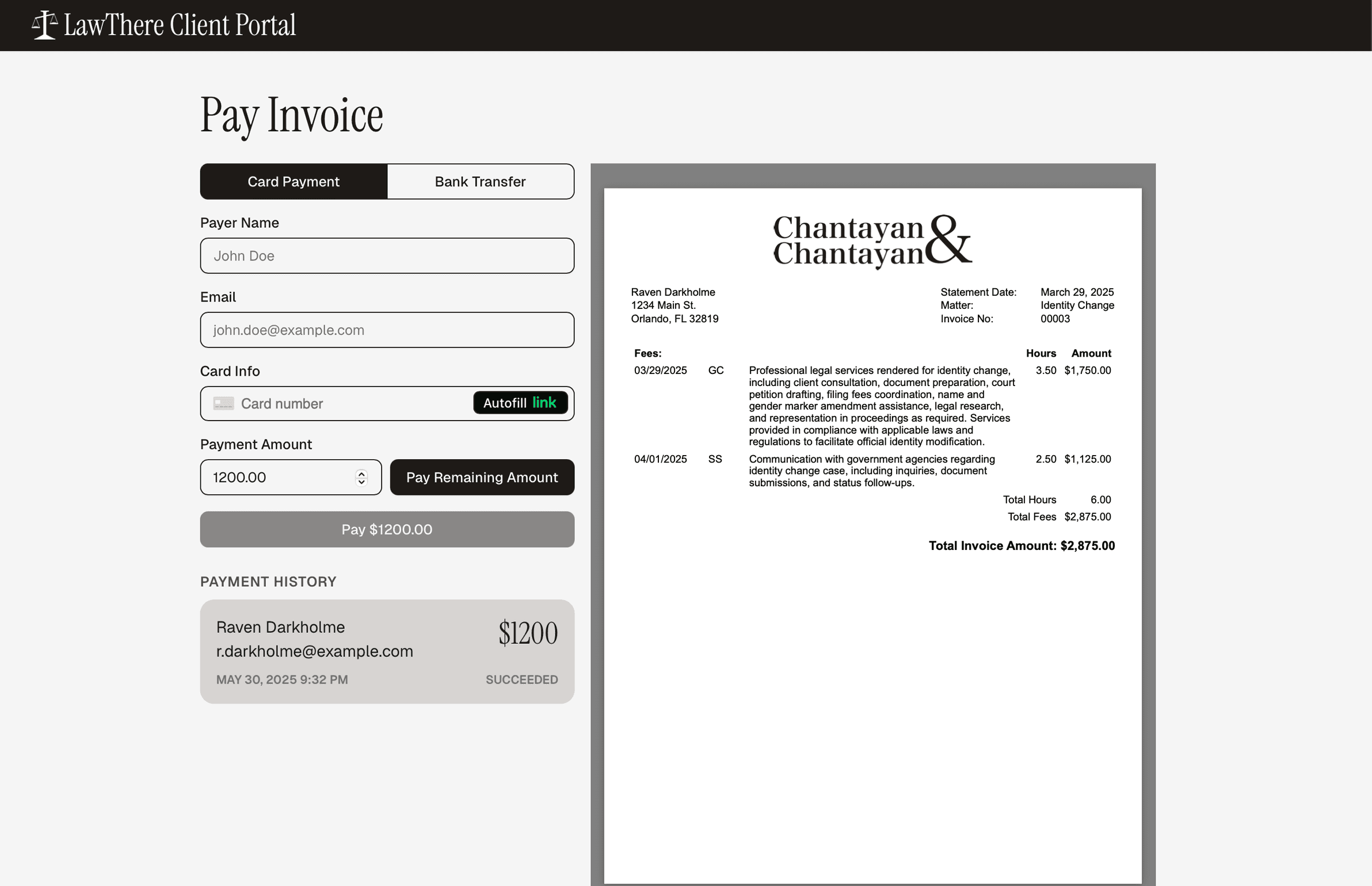 A screenshot of LawThere's Client Portal, displaying a page where clients can pay invoices.