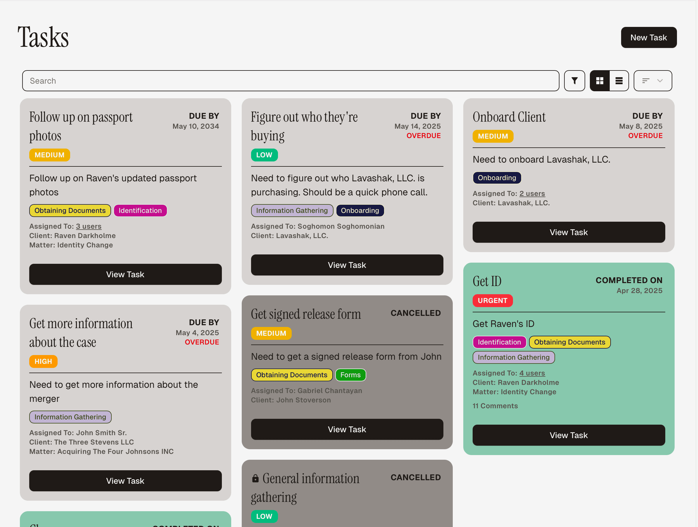 A screenshot of the task management dashboard