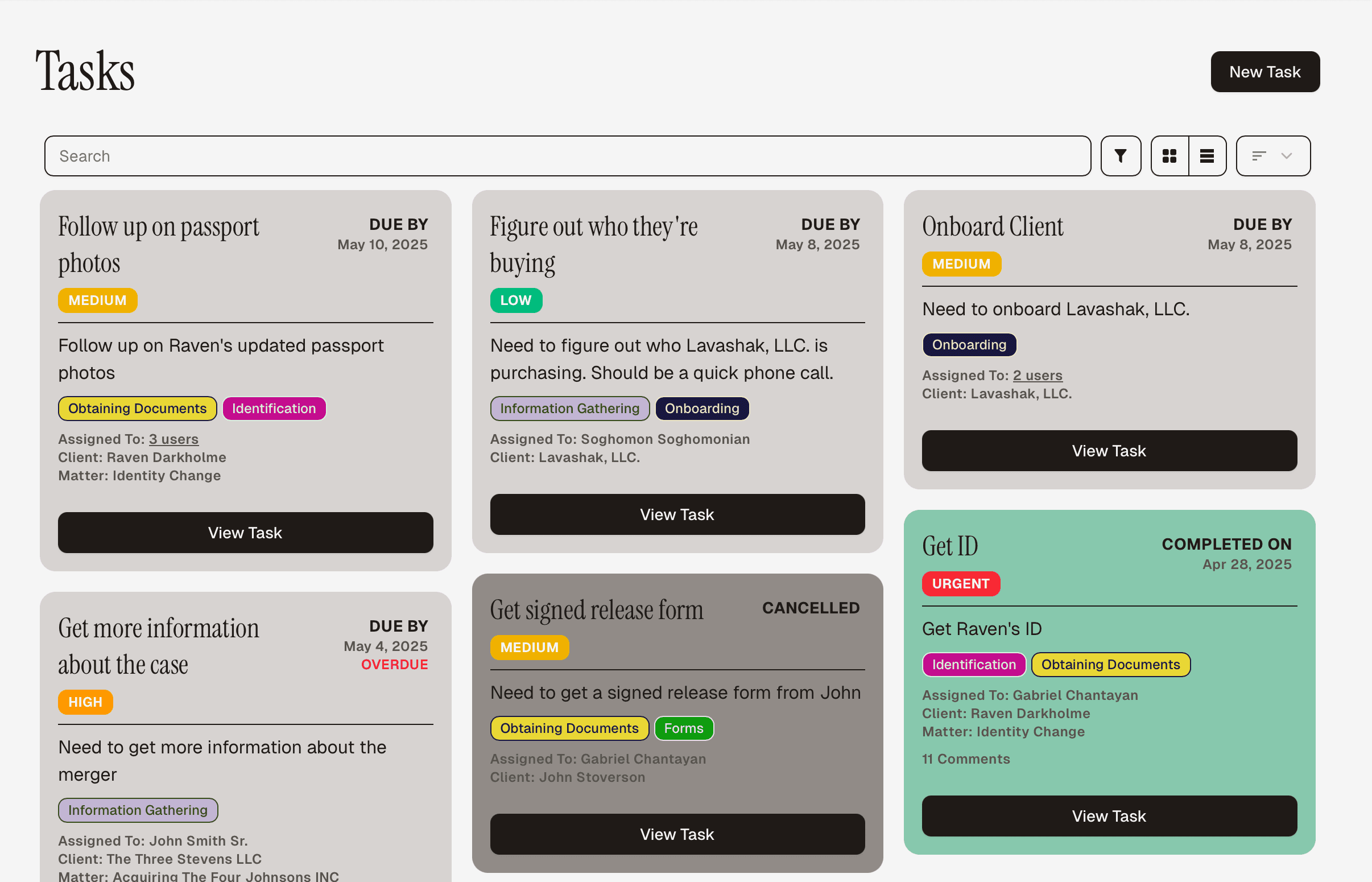 A screenshot of LawThere's task management tool, displaying a series of tasks with varying statuses, labels, and priorities.